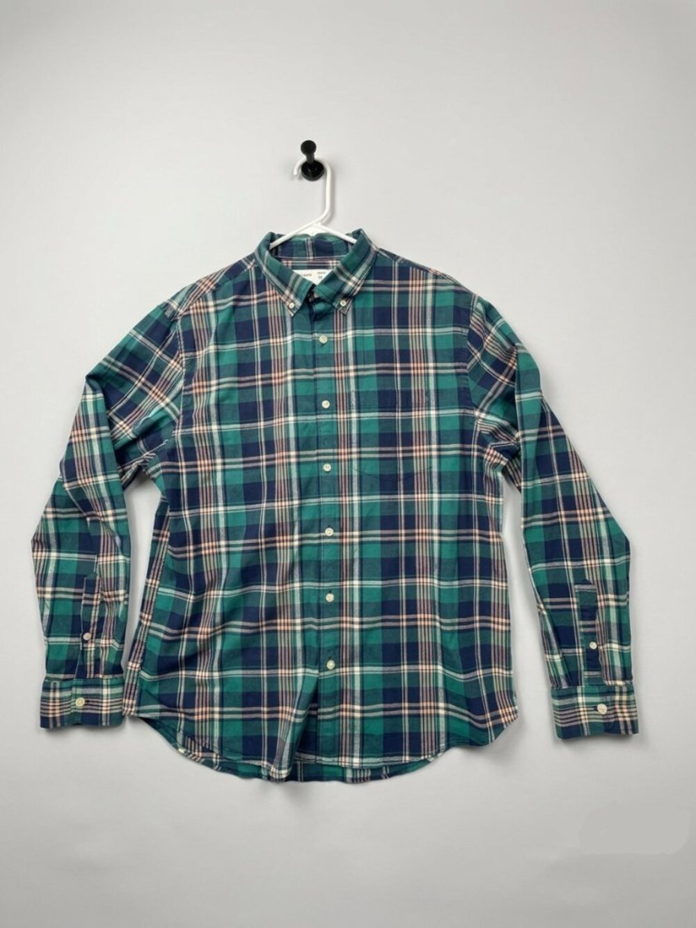 Old Navy Mens Plaid Green Blue Built In Flex Shirt Size Large Slim Long Sleeve